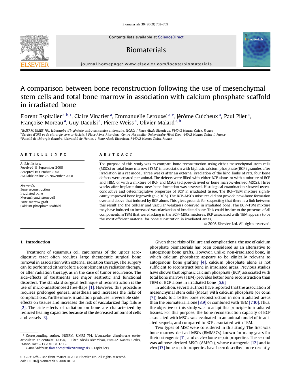 A comparison between bone reconstruction following the use of mesenchymal stem cells and total bone marrow in association with calcium phosphate scaffold in irradiated bone