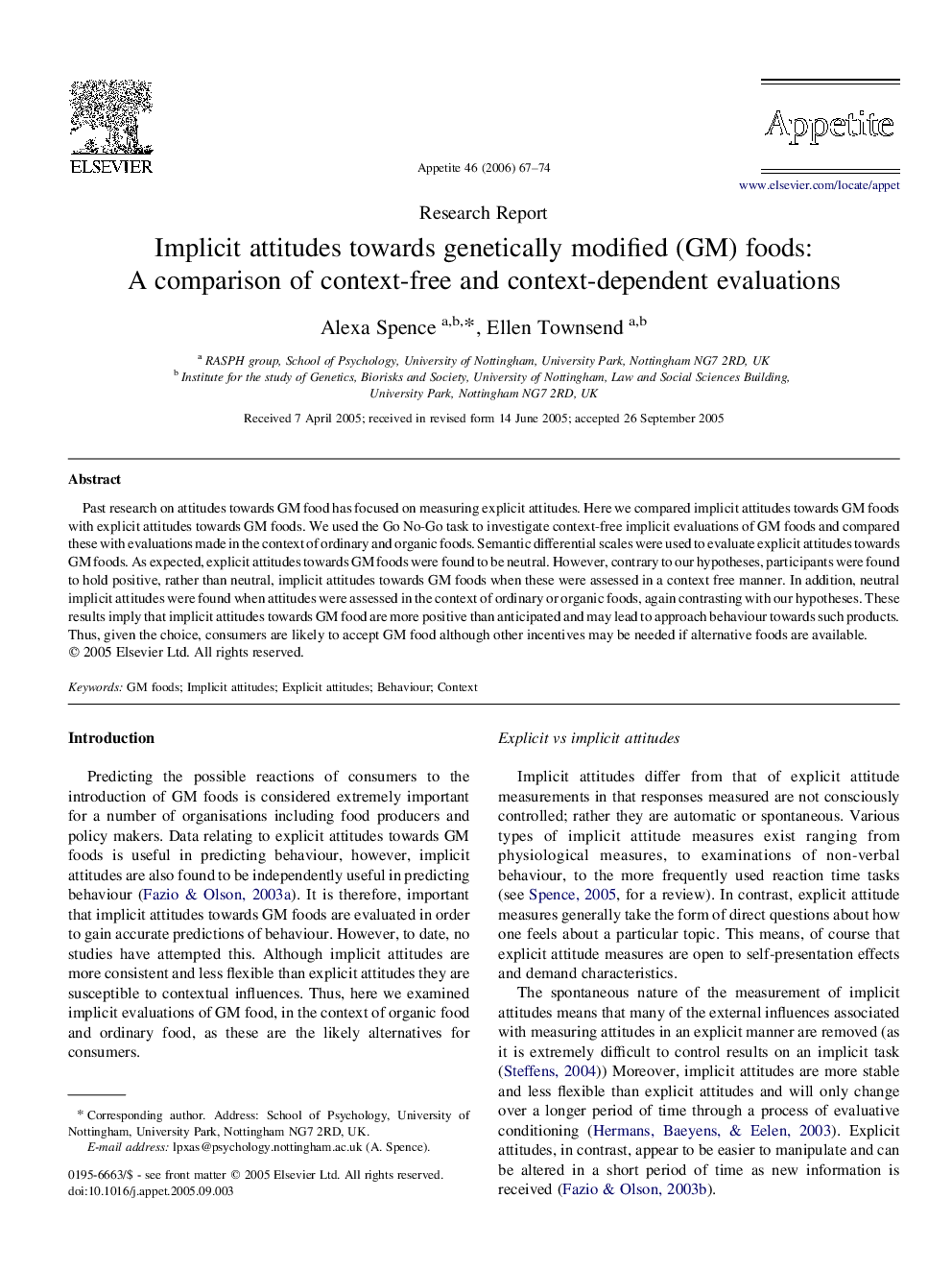 Implicit attitudes towards genetically modified (GM) foods: A comparison of context-free and context-dependent evaluations