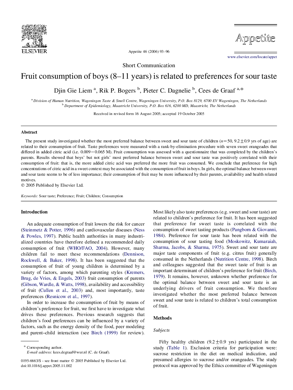 عکس صفحه اول مقاله: Fruit consumption of boys (8–11 years) is related to preferences for sour taste Fruit consumption of boys (8–11 years) is related to preferences for sour taste