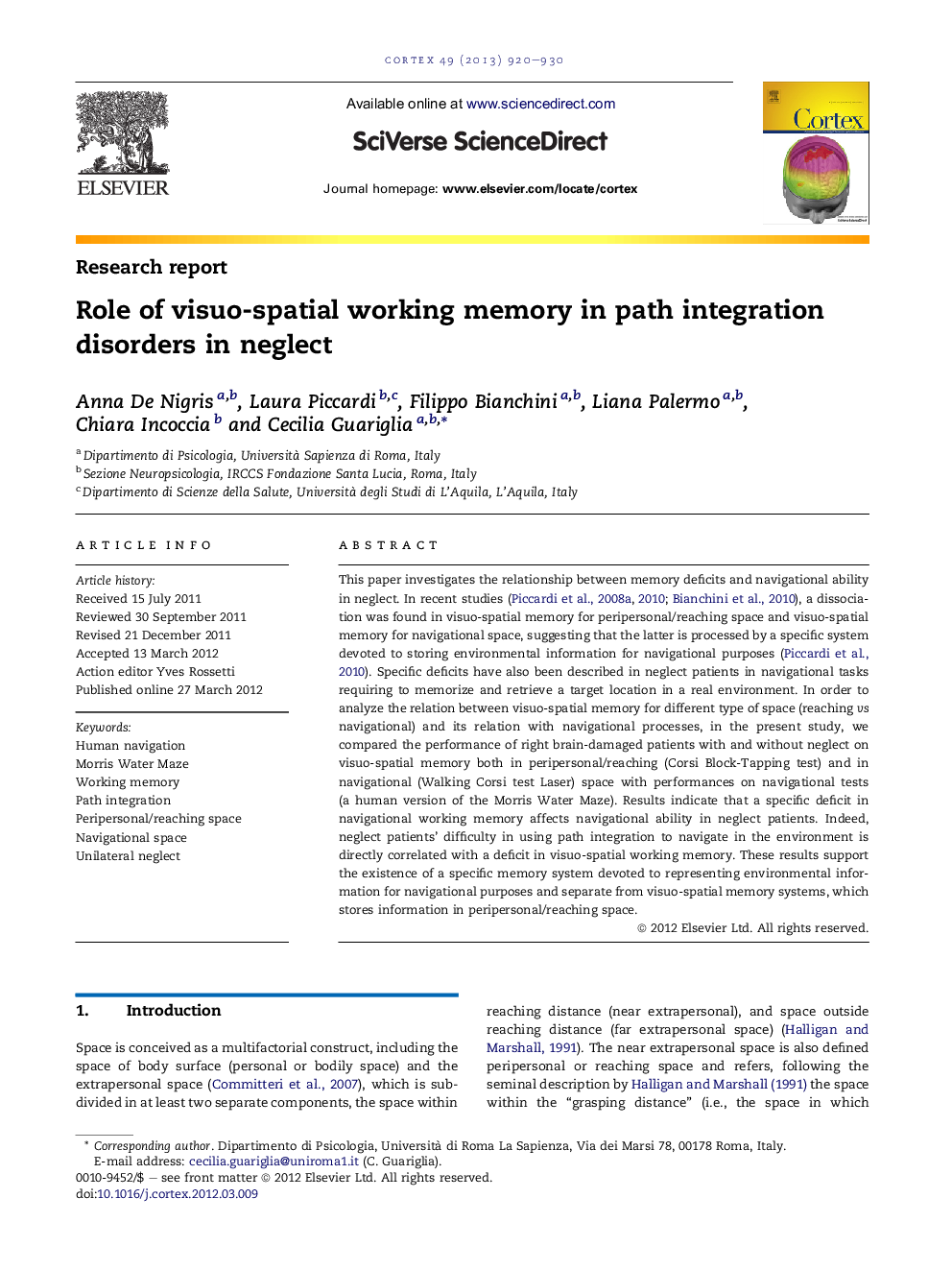 Role of visuo-spatial working memory in path integration disorders in neglect