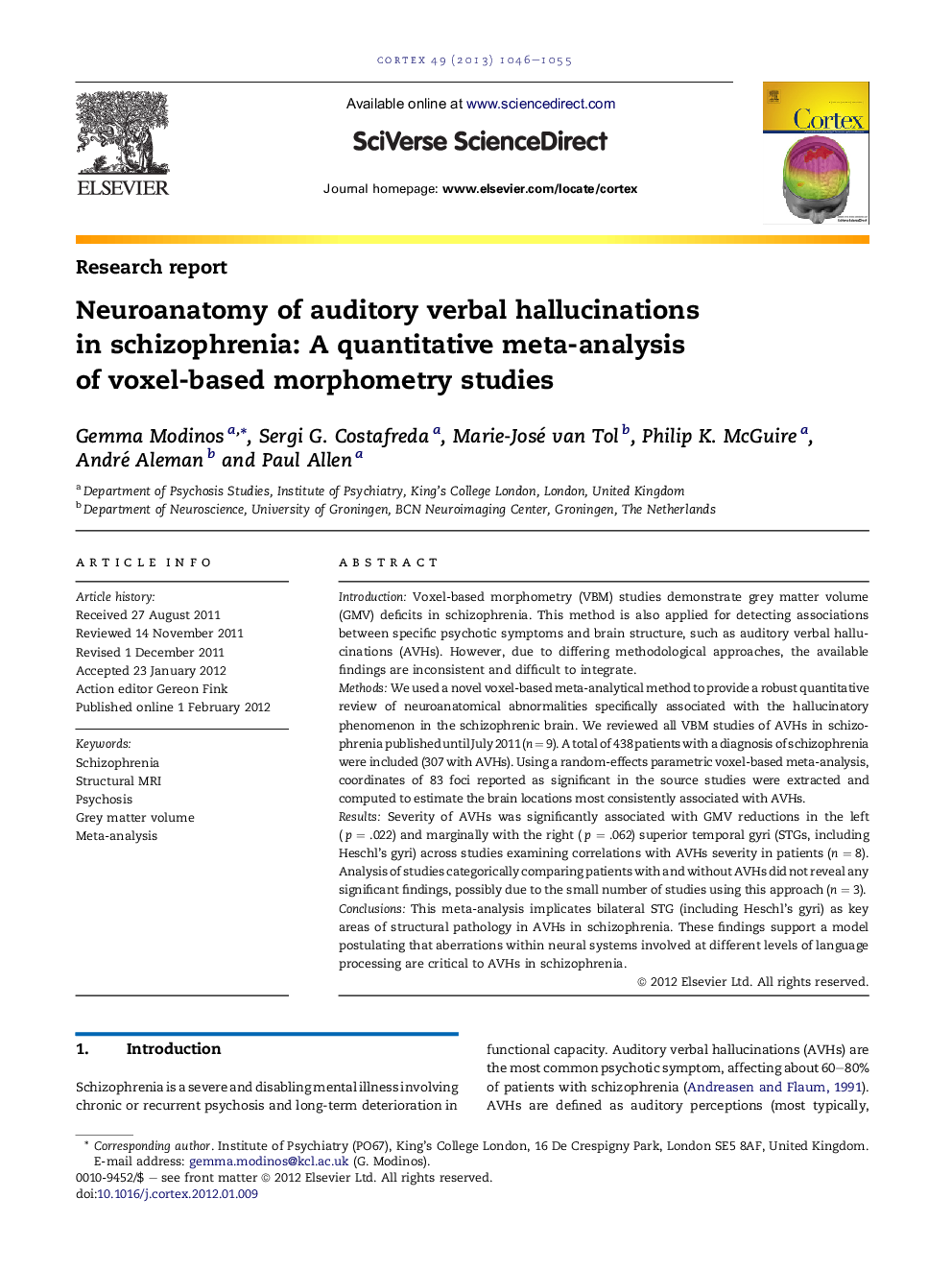 Neuroanatomy of auditory verbal hallucinations in schizophrenia: A quantitative meta-analysis of voxel-based morphometry studies