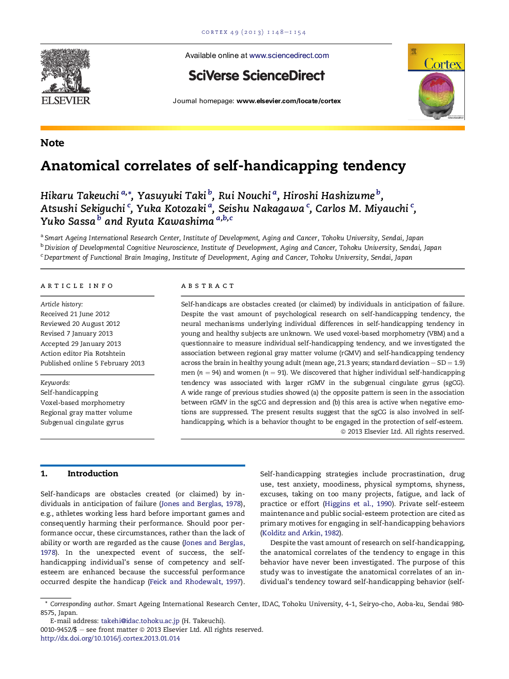 Anatomical correlates of self-handicapping tendency