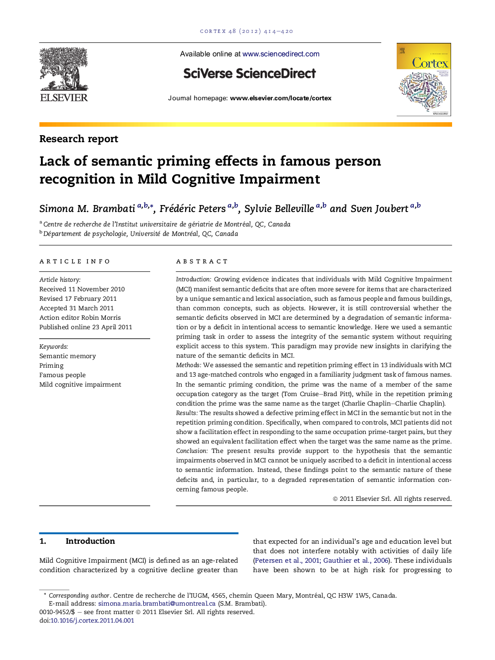 Lack of semantic priming effects in famous person recognition in Mild Cognitive Impairment