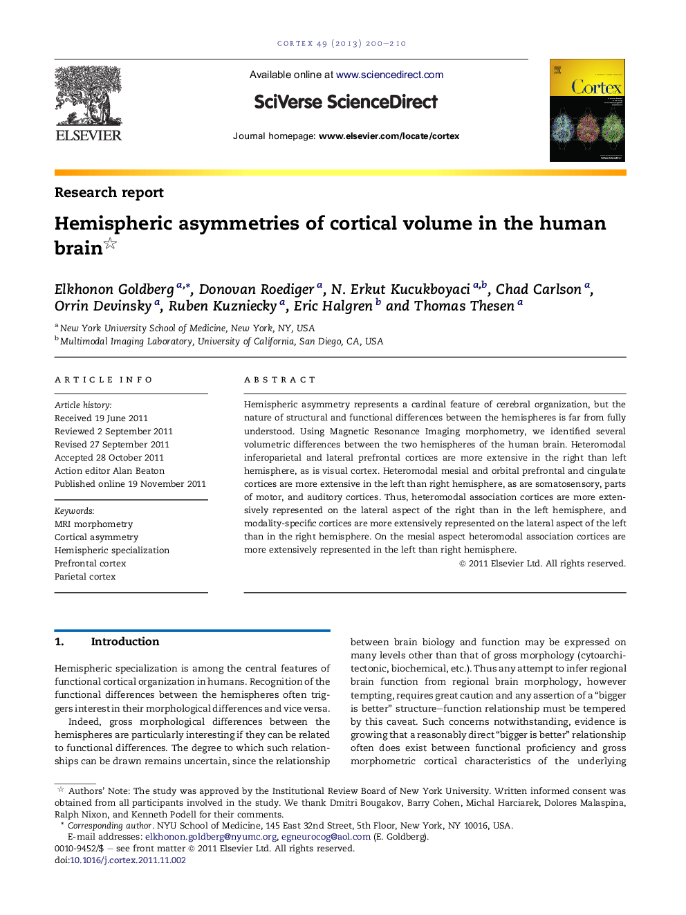 Hemispheric asymmetries of cortical volume in the human brain 