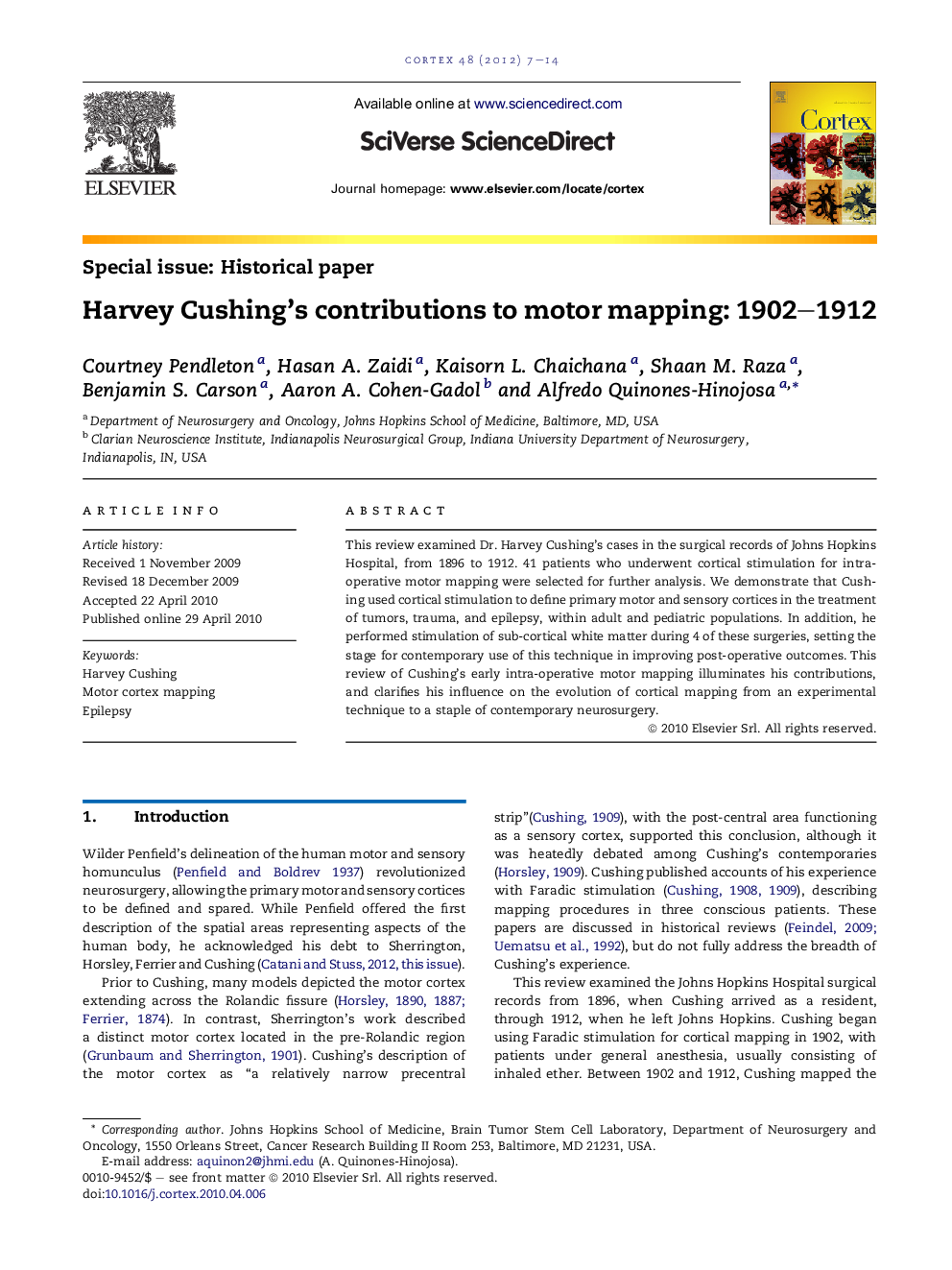 Harvey Cushing’s contributions to motor mapping: 1902–1912