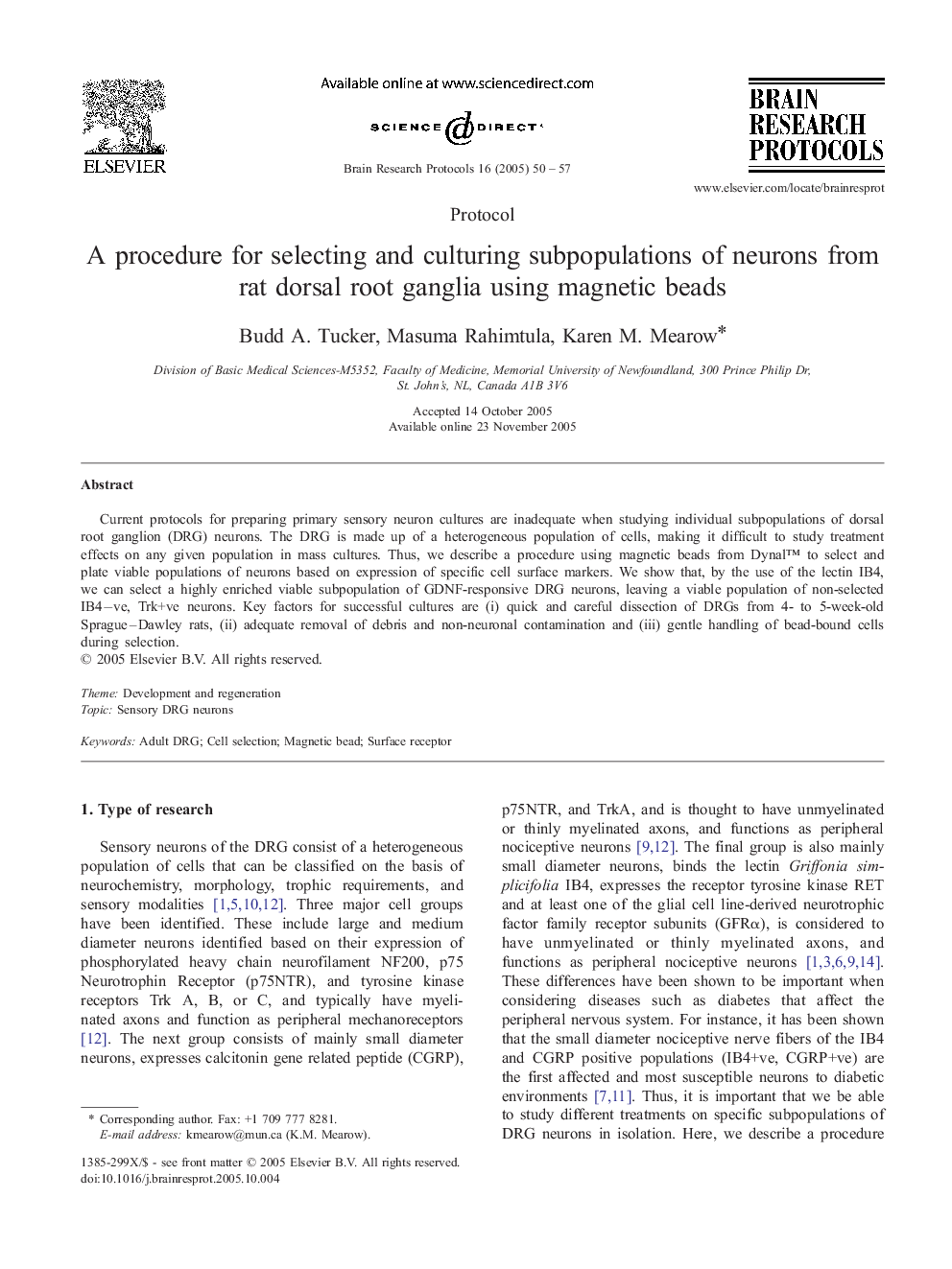 A procedure for selecting and culturing subpopulations of neurons from rat dorsal root ganglia using magnetic beads