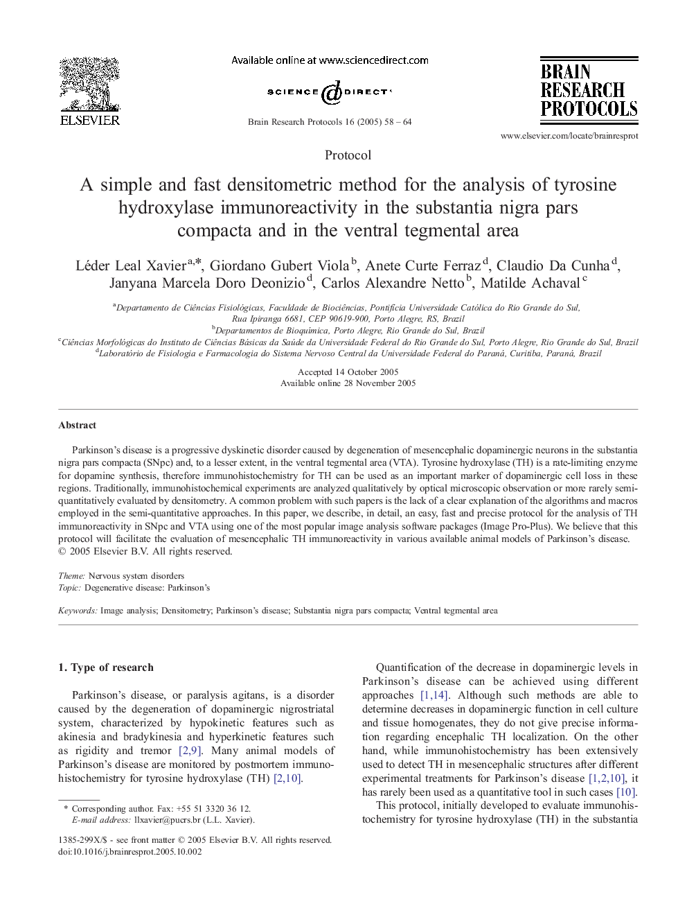 A simple and fast densitometric method for the analysis of tyrosine hydroxylase immunoreactivity in the substantia nigra pars compacta and in the ventral tegmental area