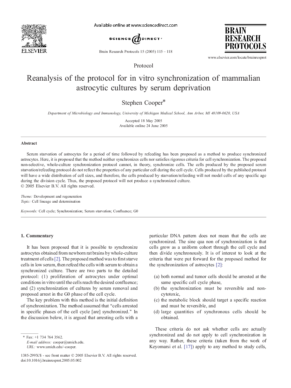 Reanalysis of the protocol for in vitro synchronization of mammalian astrocytic cultures by serum deprivation