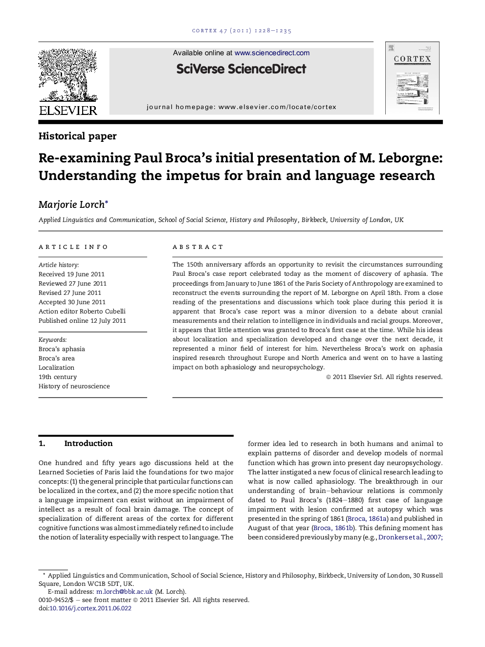 عکس صفحه اول مقاله: Re-examining Paul Broca’s initial presentation of M. Leborgne: Understanding the impetus for brain and language research Re-examining Paul Broca’s initial presentation of M. Leborgne: Understanding the impetus for brain and language research