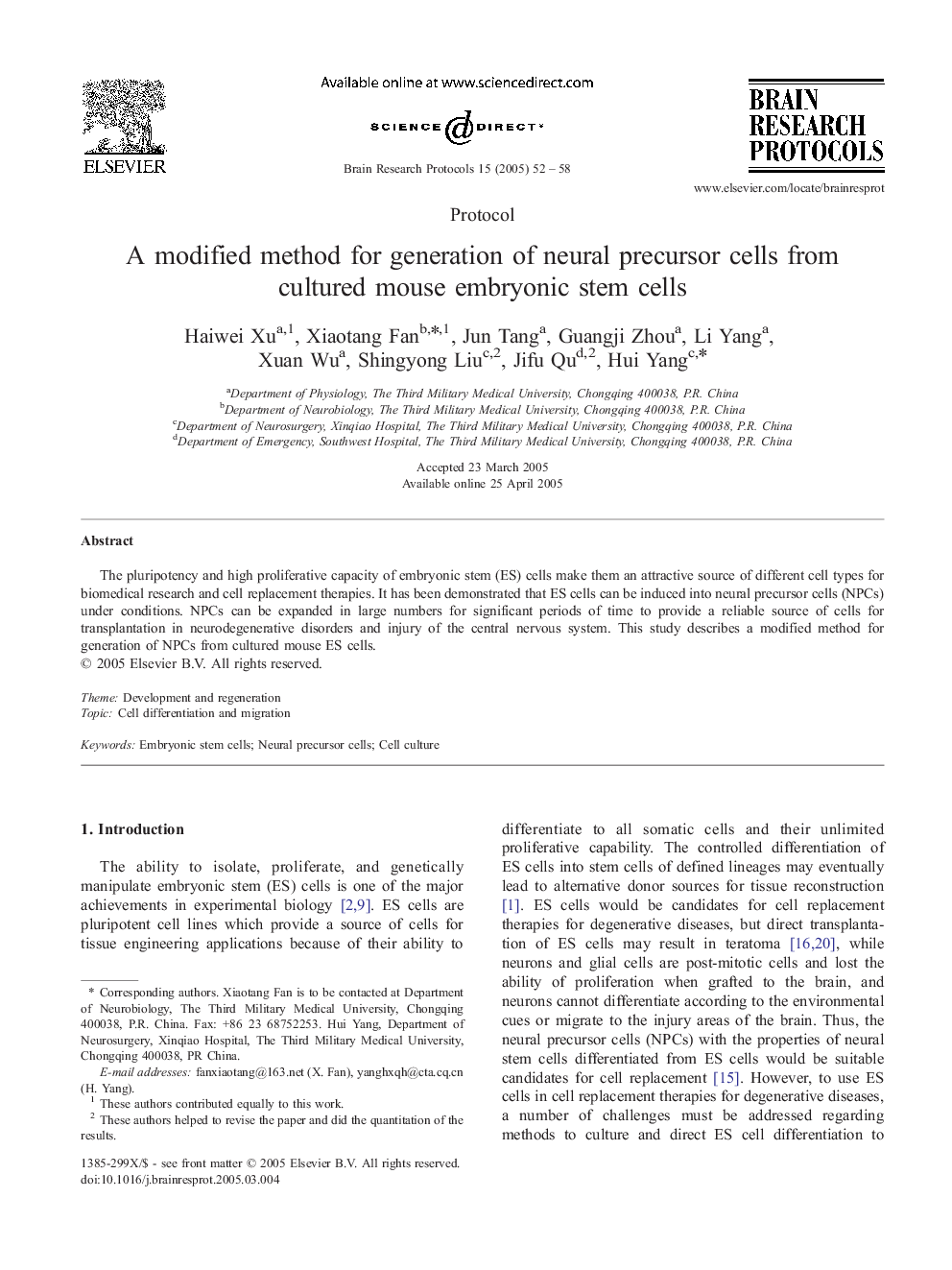 A modified method for generation of neural precursor cells from cultured mouse embryonic stem cells