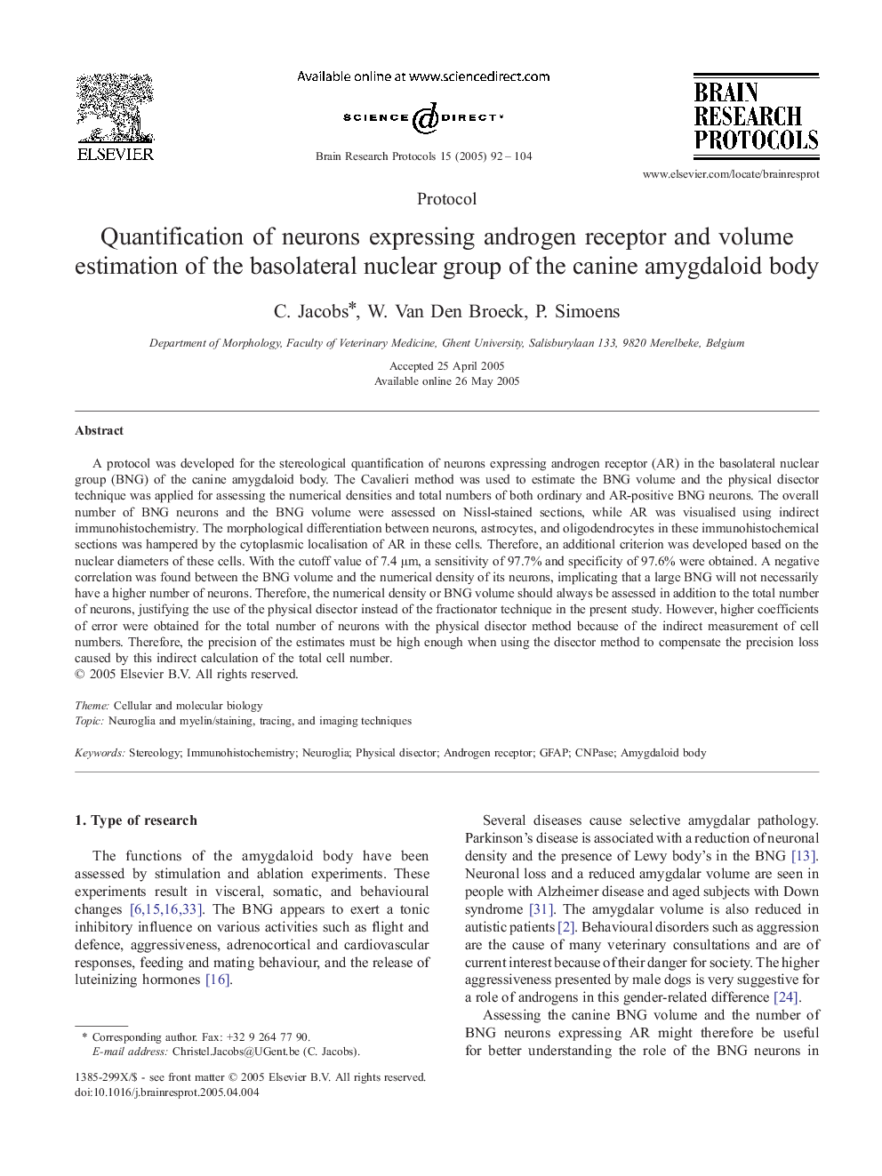 Quantification of neurons expressing androgen receptor and volume estimation of the basolateral nuclear group of the canine amygdaloid body