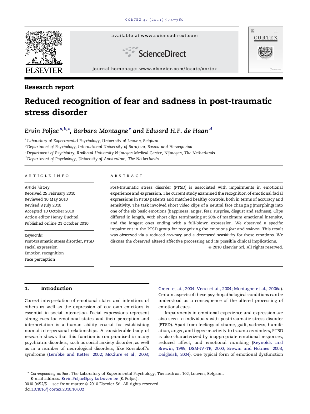 Reduced recognition of fear and sadness in post-traumatic stress disorder