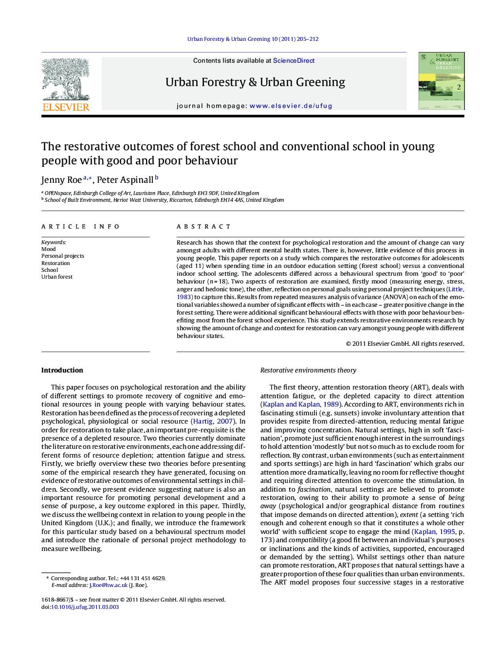 The restorative outcomes of forest school and conventional school in young people with good and poor behaviour