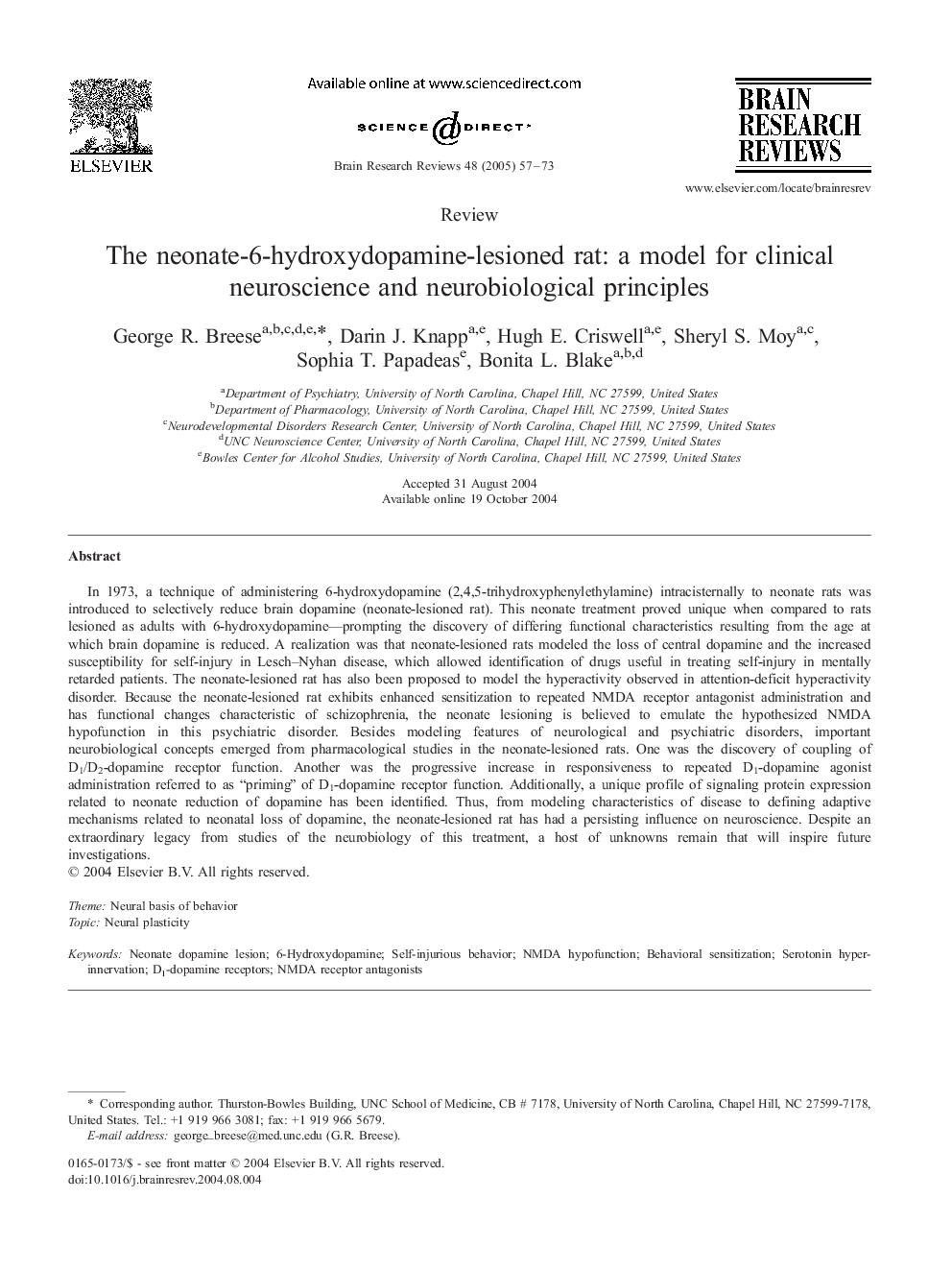 The neonate-6-hydroxydopamine-lesioned rat: a model for clinical neuroscience and neurobiological principles