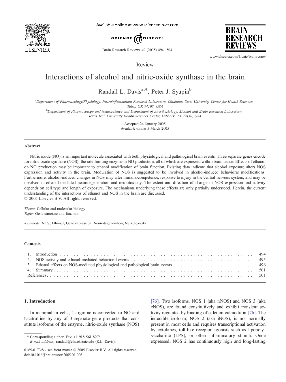 Interactions of alcohol and nitric-oxide synthase in the brain