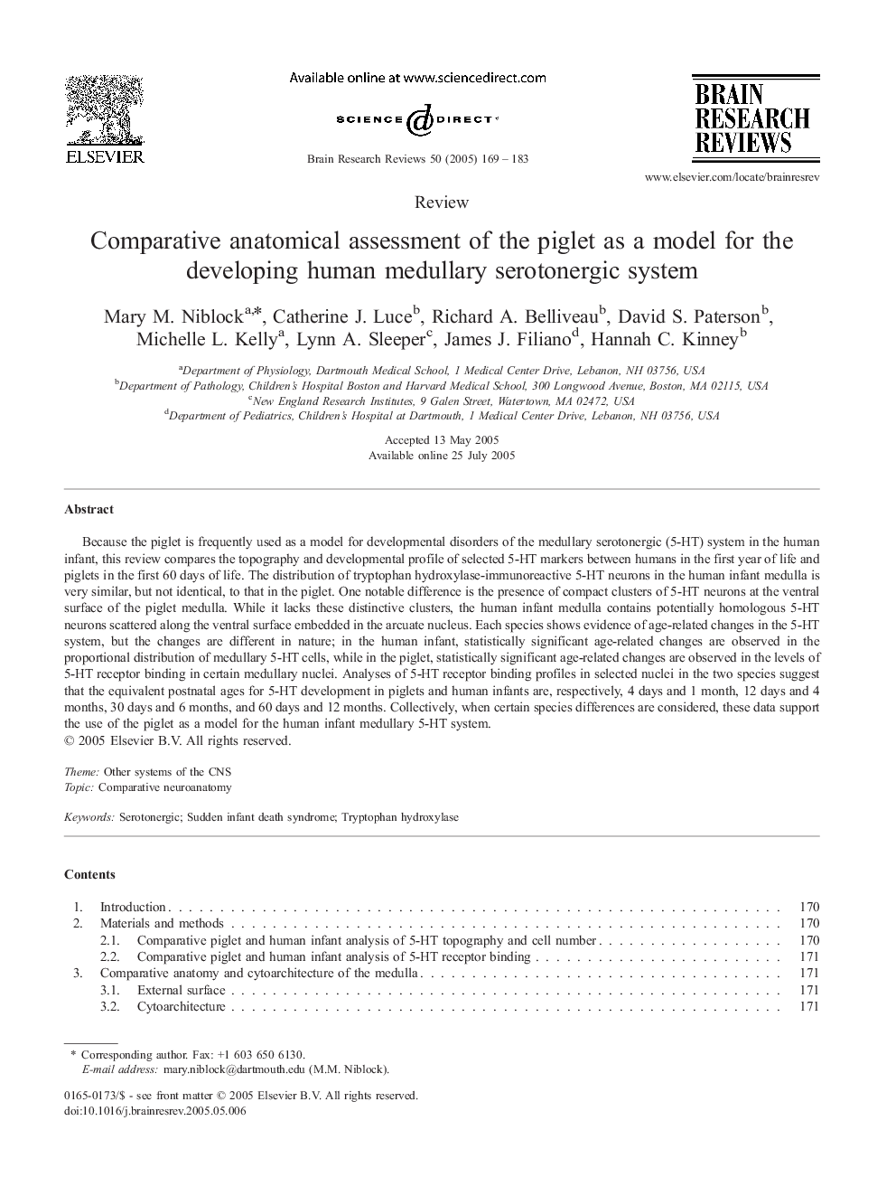 Comparative anatomical assessment of the piglet as a model for the developing human medullary serotonergic system