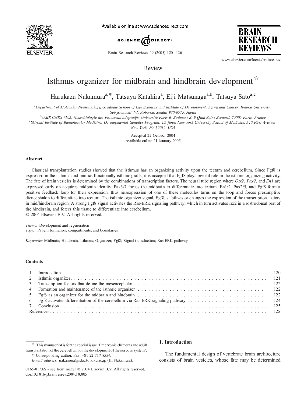 Isthmus organizer for midbrain and hindbrain development