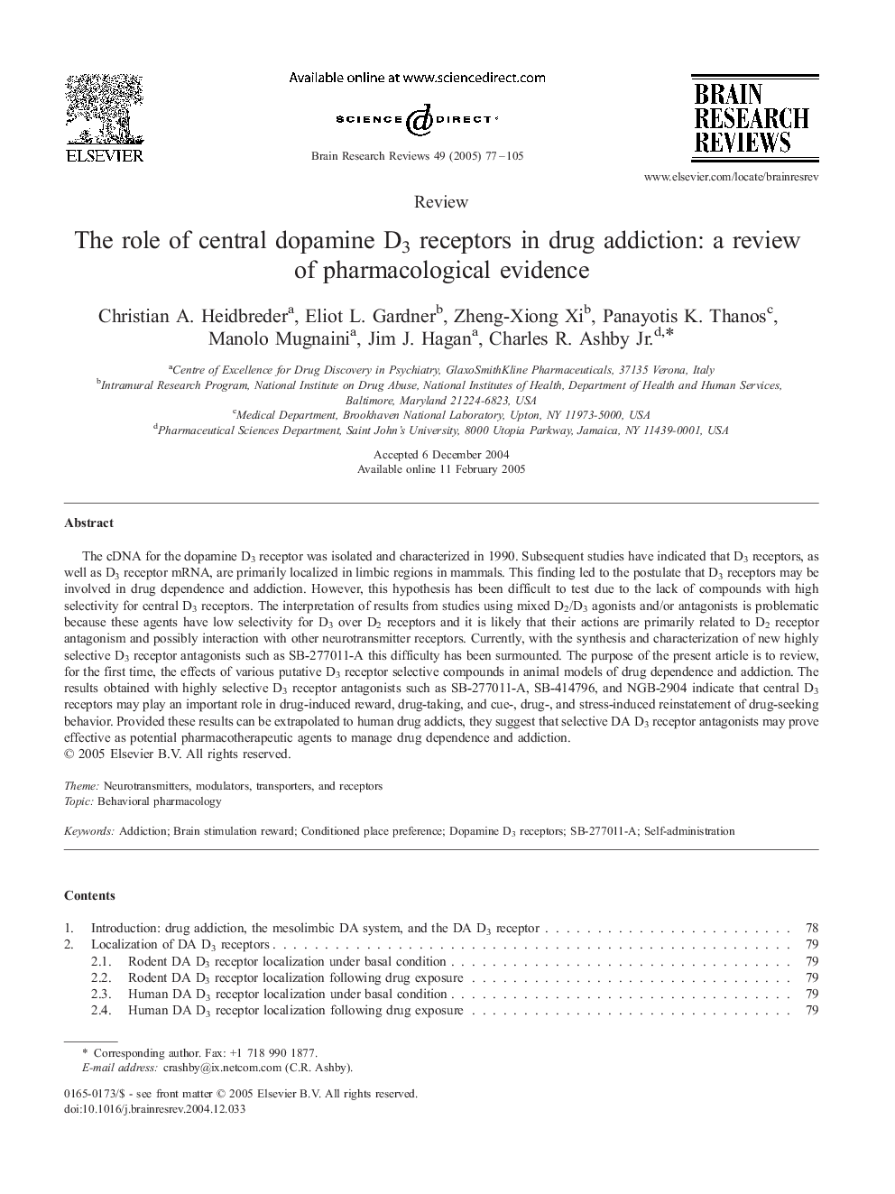 The role of central dopamine D3 receptors in drug addiction: a review of pharmacological evidence