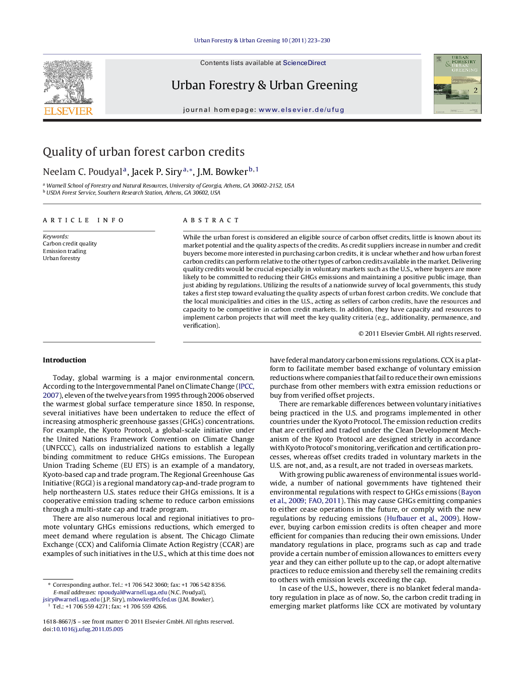 Quality of urban forest carbon credits