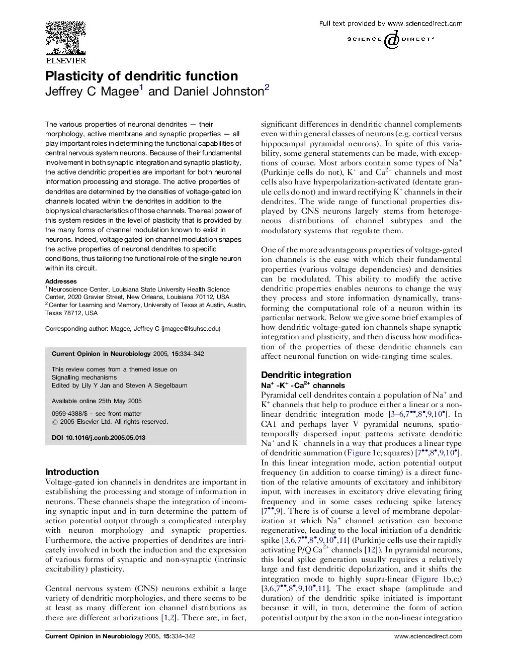 عکس صفحه اول مقاله: Plasticity of dendritic function Plasticity of dendritic function