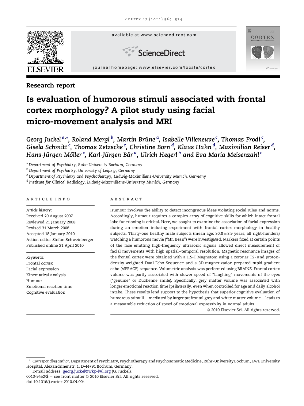 Is evaluation of humorous stimuli associated with frontal cortex morphology? A pilot study using facial micro-movement analysis and MRI