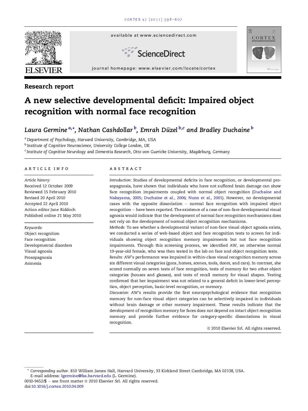 A new selective developmental deficit: Impaired object recognition with normal face recognition