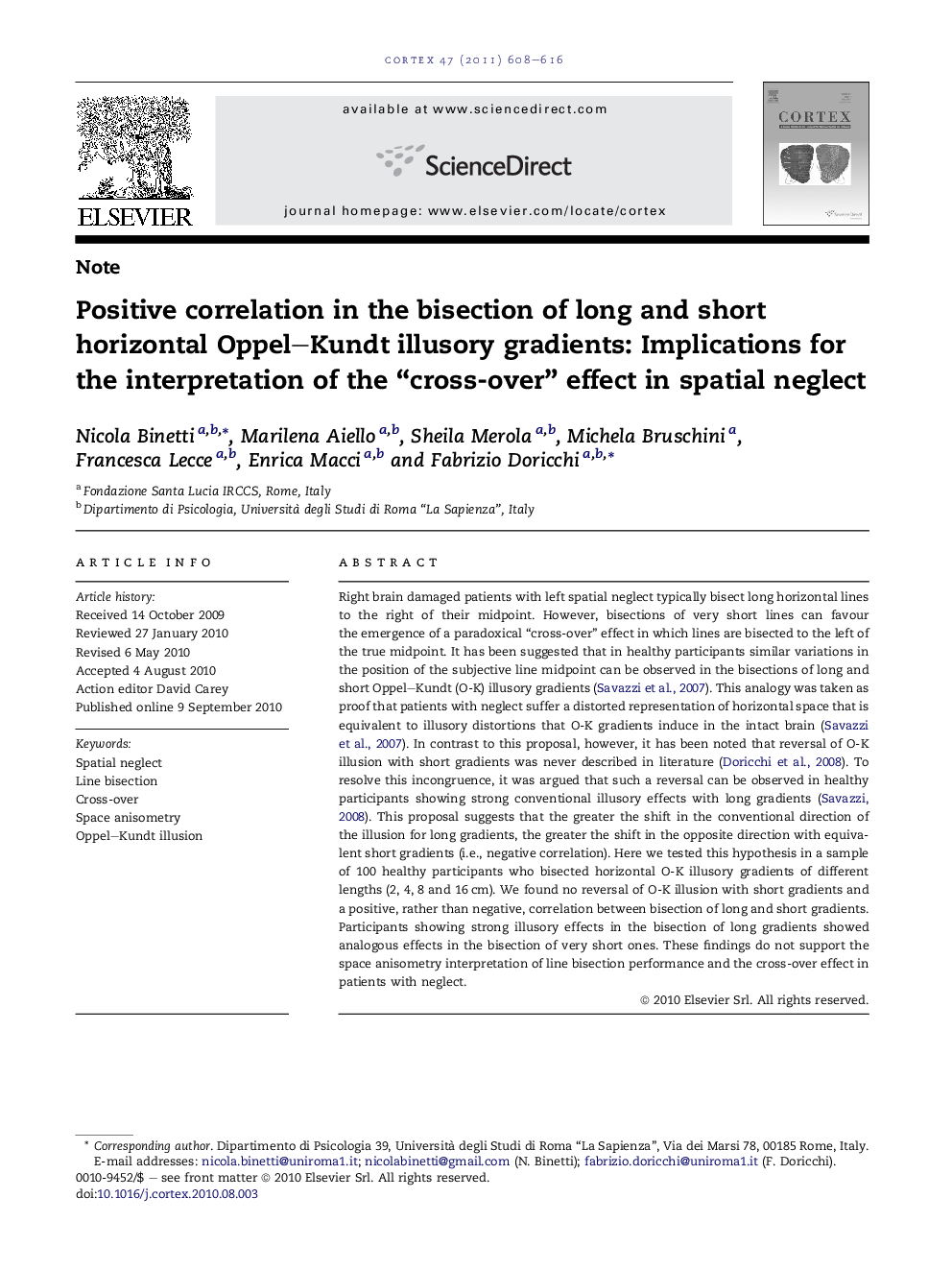 Positive correlation in the bisection of long and short horizontal Oppel–Kundt illusory gradients: Implications for the interpretation of the “cross-over” effect in spatial neglect