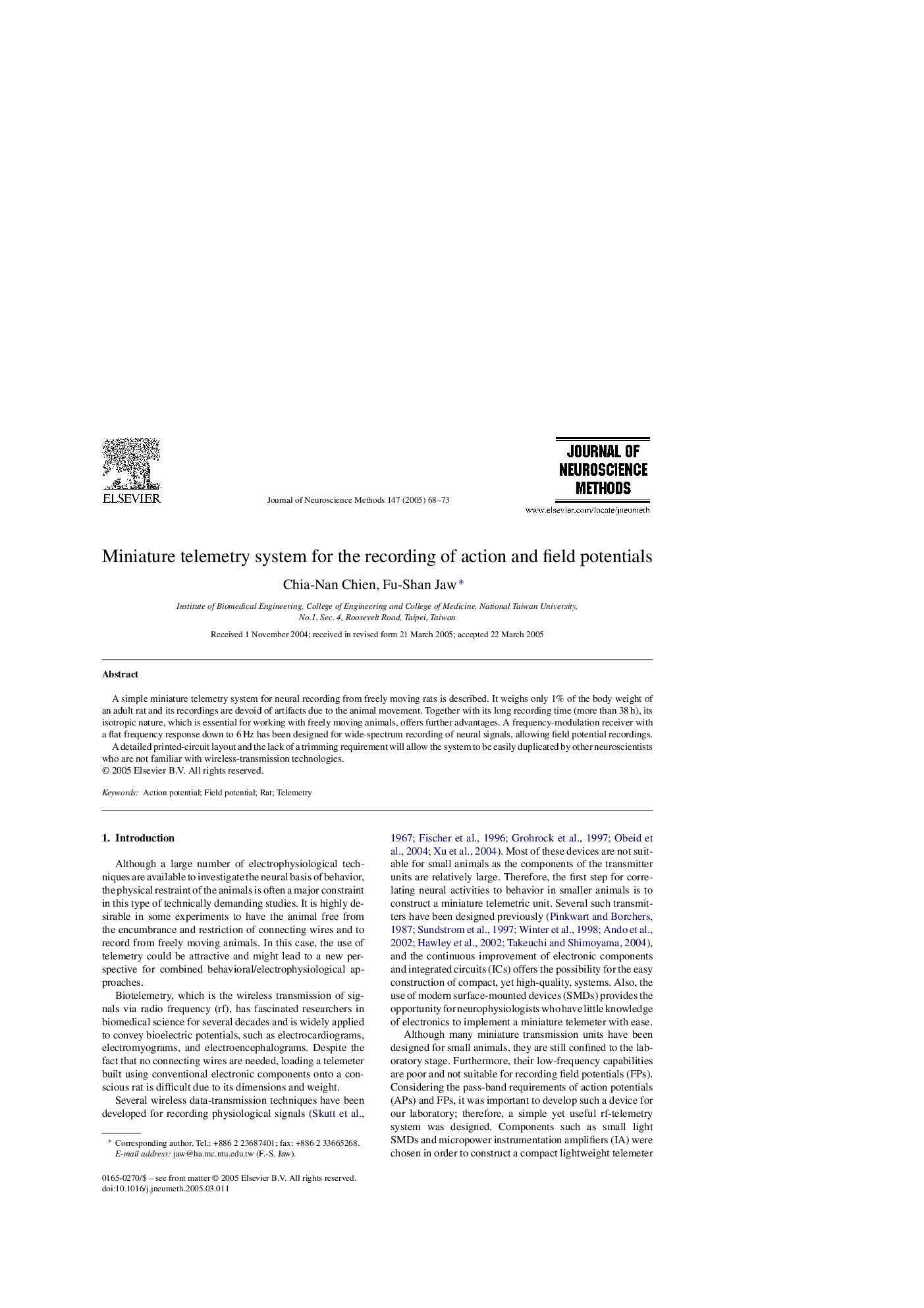 Miniature telemetry system for the recording of action and field potentials