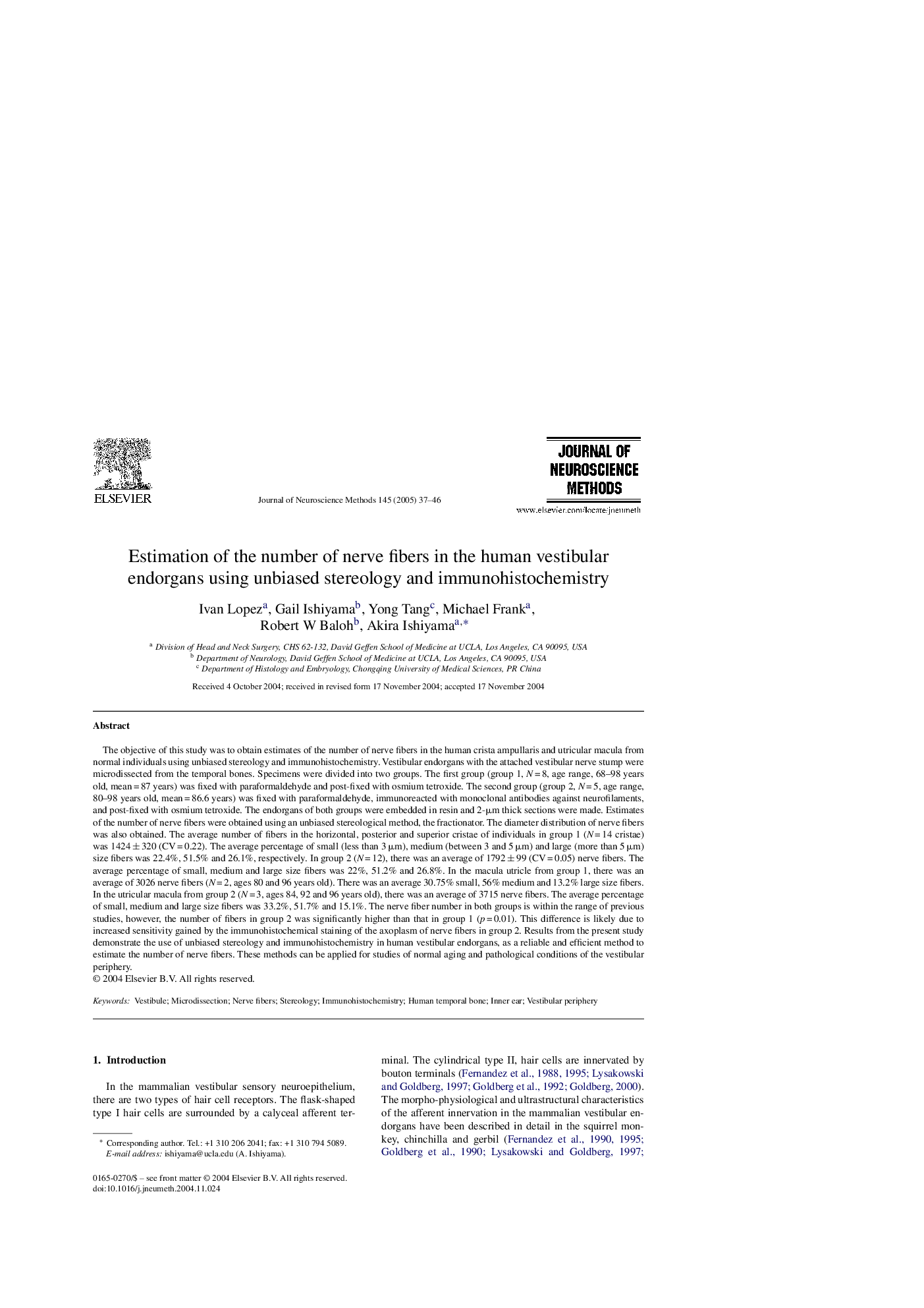 Estimation of the number of nerve fibers in the human vestibular endorgans using unbiased stereology and immunohistochemistry