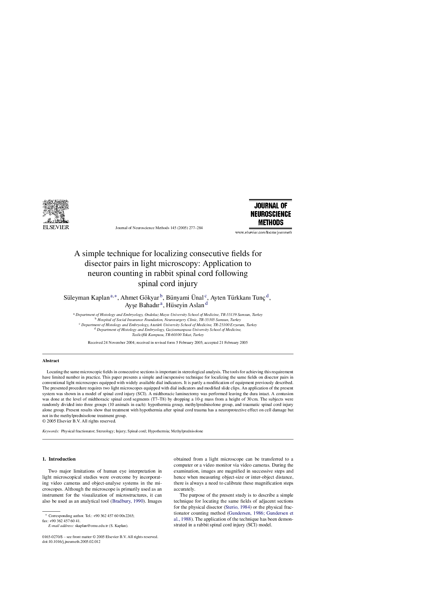 A simple technique for localizing consecutive fields for disector pairs in light microscopy: Application to neuron counting in rabbit spinal cord following spinal cord injury