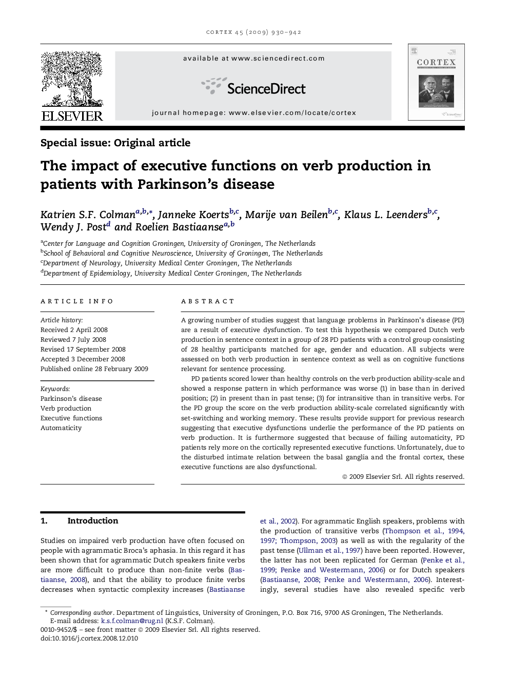 The impact of executive functions on verb production in patients with Parkinson's disease