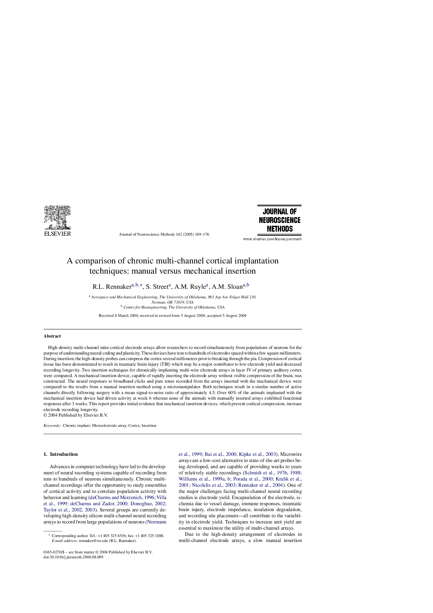 A comparison of chronic multi-channel cortical implantation techniques: manual versus mechanical insertion