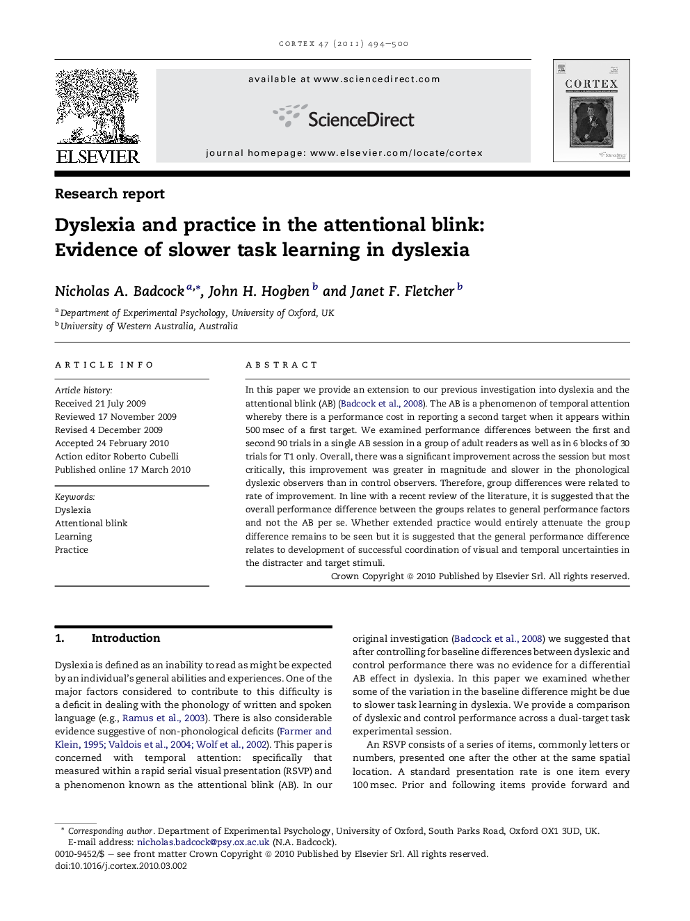 Dyslexia and practice in the attentional blink: Evidence of slower task learning in dyslexia