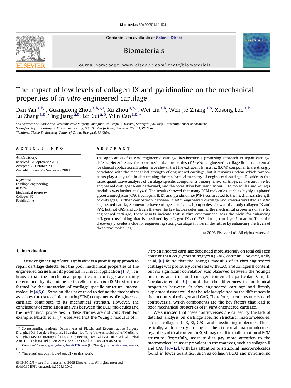 The impact of low levels of collagen IX and pyridinoline on the mechanical properties of in vitro engineered cartilage