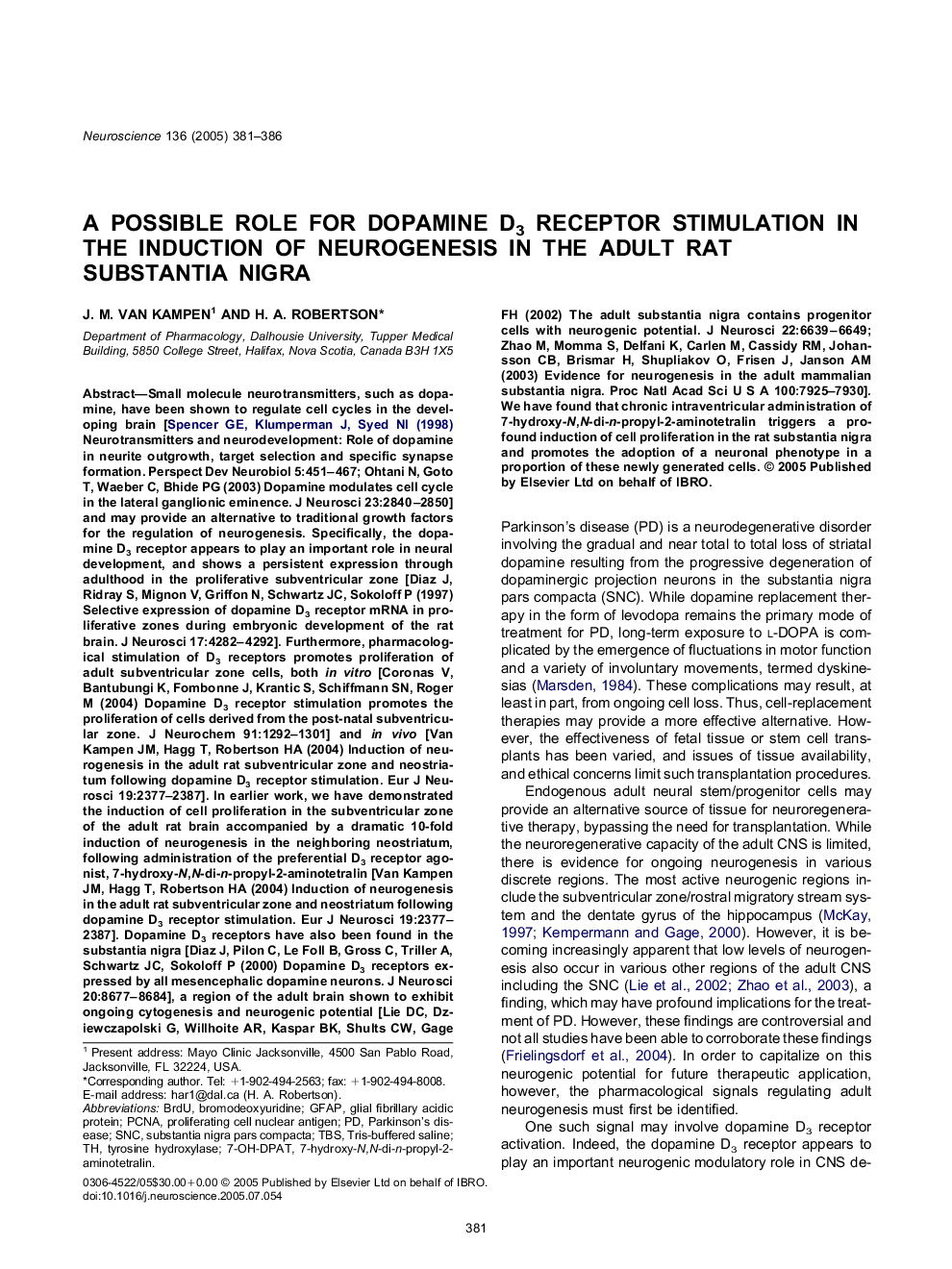 A possible role for dopamine D3 receptor stimulation in the induction of neurogenesis in the adult rat substantia nigra