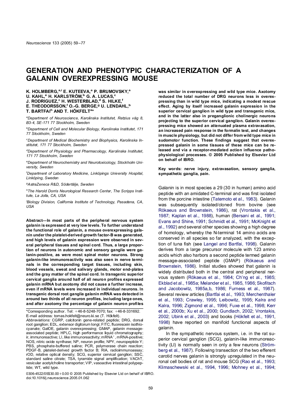 Generation and phenotypic characterization of a galanin overexpressing mouse