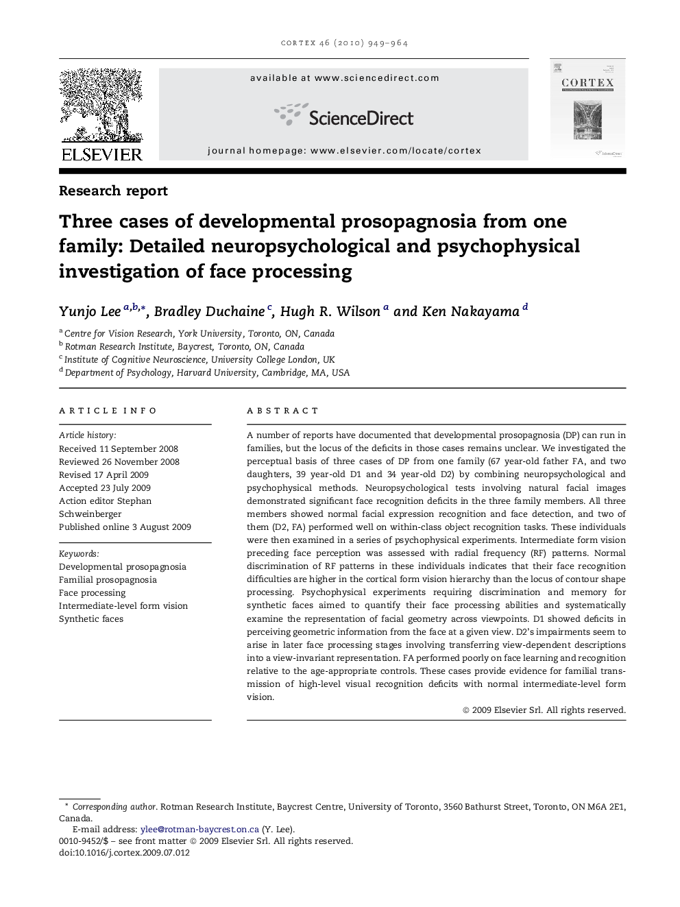 Three cases of developmental prosopagnosia from one family: Detailed neuropsychological and psychophysical investigation of face processing