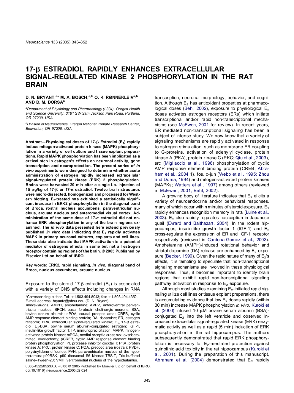 17-Î² Estradiol rapidly enhances extracellular signal-regulated kinase 2 phosphorylation in the rat brain