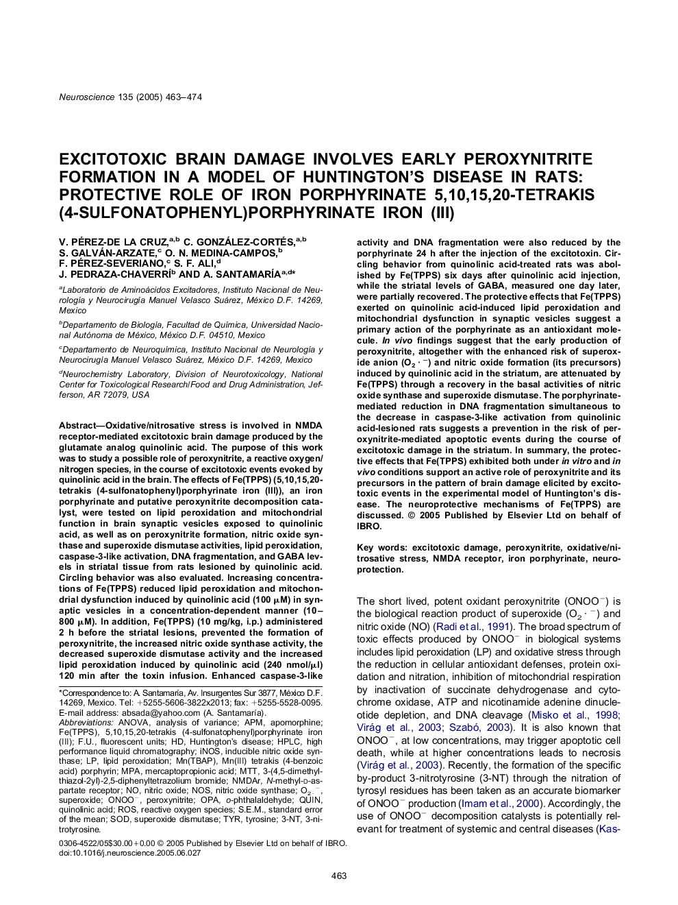 Excitotoxic brain damage involves early peroxynitrite formation in a model of Huntington's disease in rats: Protective role of iron porphyrinate 5,10,15,20-tetrakis (4-sulfonatophenyl)porphyrinate iron (III)