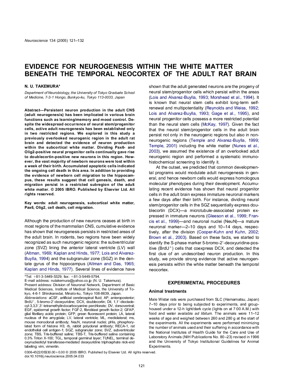 Evidence for neurogenesis within the white matter beneath the temporal neocortex of the adult rat brain