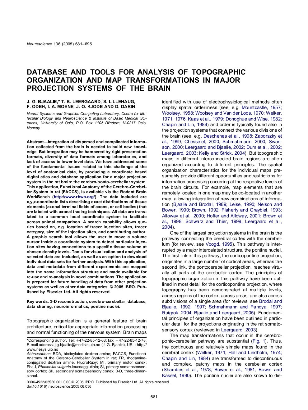 Database and tools for analysis of topographic organization and map transformations in major projection systems of the brain