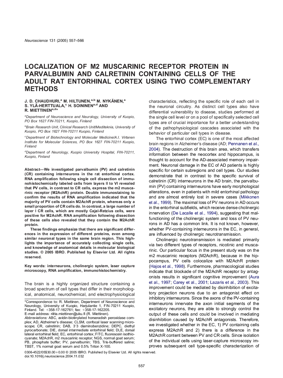 Localization of m2 muscarinic receptor protein in parvalbumin and calretinin containing cells of the adult rat entorhinal cortex using two complementary methods