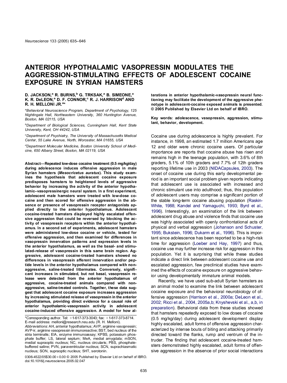 Anterior hypothalamic vasopressin modulates the aggression-stimulating effects of adolescent cocaine exposure in Syrian hamsters