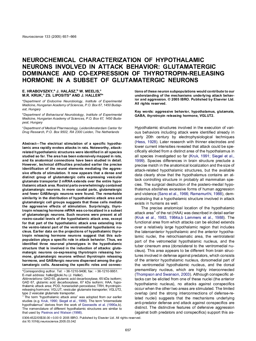 Neurochemical characterization of hypothalamic neurons involved in attack behavior: Glutamatergic dominance and co-expression of thyrotropin-releasing hormone in a subset of glutamatergic neurons