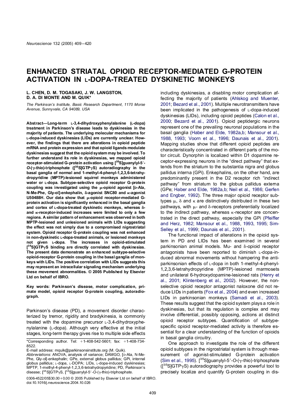 Enhanced striatal opioid receptor-mediated G-protein activation in l-dopa-treated dyskinetic monkeys