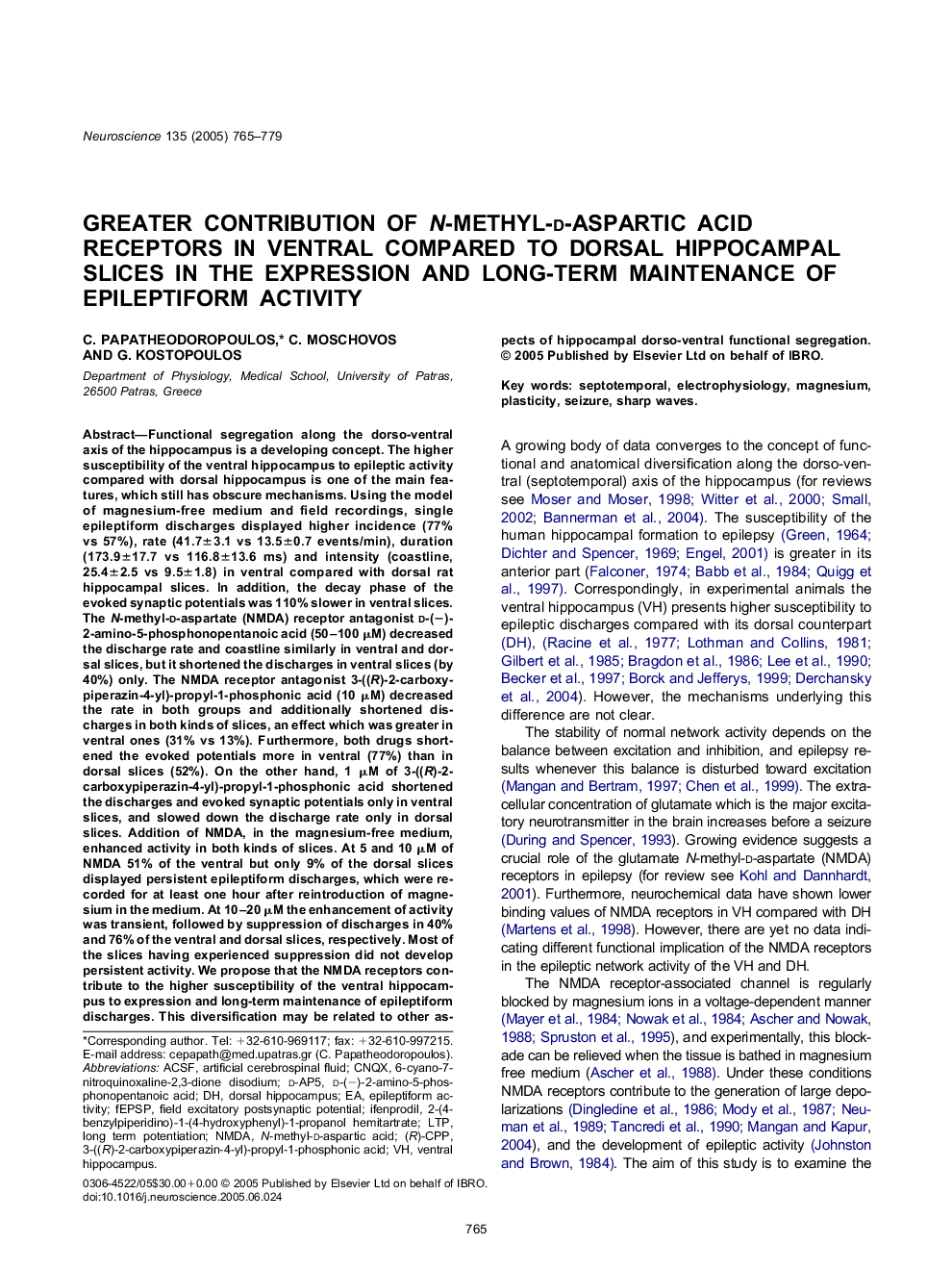 Greater contribution of N-methyl-d-aspartic acid receptors in ventral compared to dorsal hippocampal slices in the expression and long-term maintenance of epileptiform activity