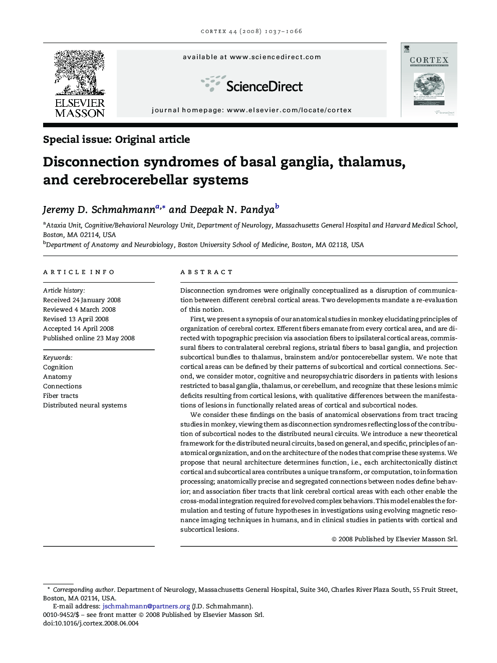 Disconnection syndromes of basal ganglia, thalamus, and cerebrocerebellar systems