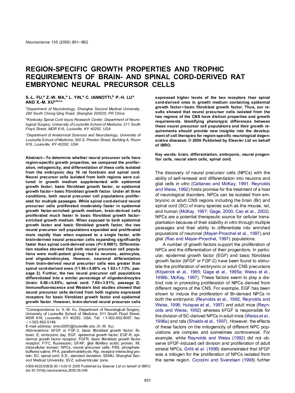 Region-specific growth properties and trophic requirements of brain- and spinal cord-derived rat embryonic neural precursor cells