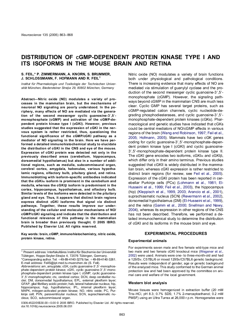 Distribution of cGMP-dependent protein kinase type I and its isoforms in the mouse brain and retina