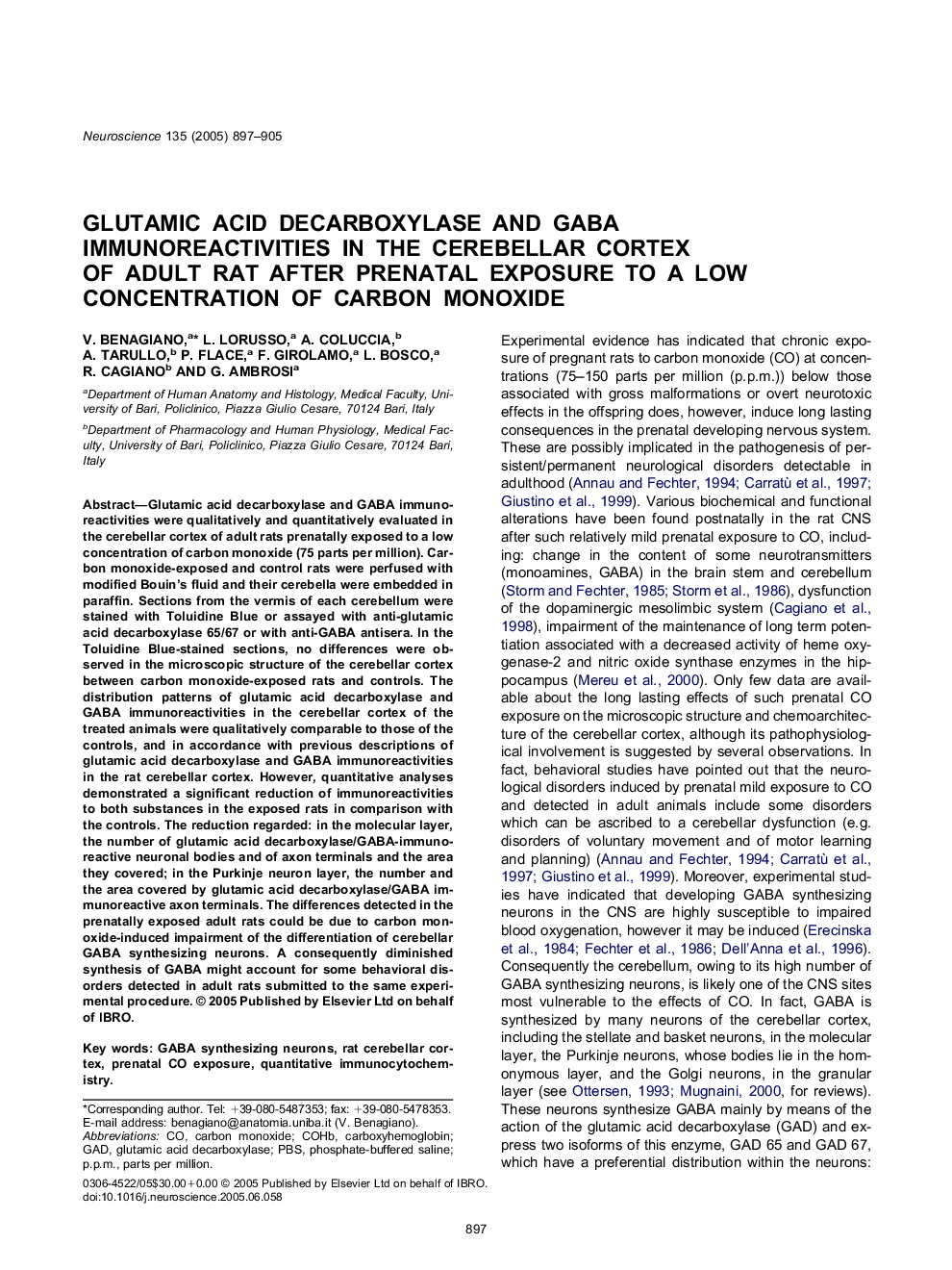 Glutamic acid decarboxylase and GABA immunoreactivities in the cerebellar cortex of adult rat after prenatal exposure to a low concentration of carbon monoxide